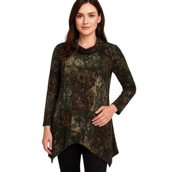 Velour Tunic Top Patchwork Cowl Neck Asymmetrical Hem Boho Artsy Fall SZ Lrg - Picture 1 of 14